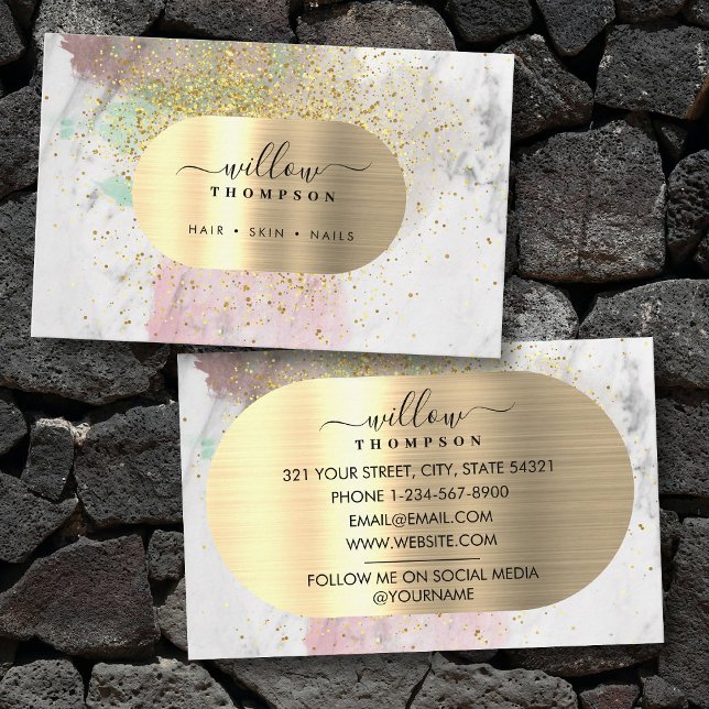 Carte De Visite Aquarelle et marbre Pierre Faux Parties scintillan (Watercolor & Marble Stone Faux Gold Glitter Foil Business Card)