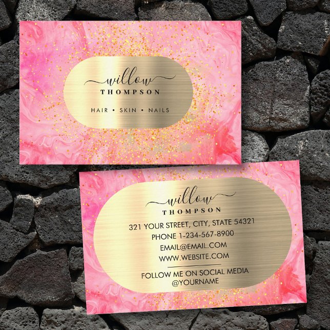 Carte De Visite Aquarelle et marbre rose Faux Gold Parties scintil (Watercolor & Pink Marble Faux Gold Glitter Foil Business Card)