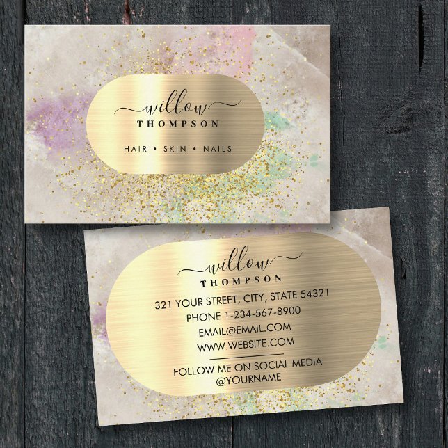 Carte De Visite Aquarelle et pierre naturelle Faux Parties scintil (Watercolor & Natural Stone Faux Gold Glitter Foil Business Card)
