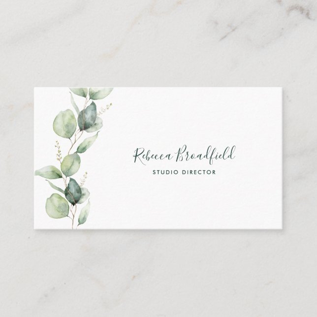 Carte De Visite Aquarelle Eucalyptus Écriture Élégante (Devant)