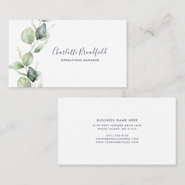 Carte De Visite Aquarelle Eucalyptus Écriture Élégante Professionn (Devant / Derrière)