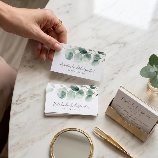 Carte De Visite Aquarelle Eucalyptus Verdure Feuillage Doré (Watercolor Eucalyptus Greenery Gold Foliage Business Card)