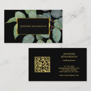 Carte De Visite Aquarelle feuille or noir QR code professionnel