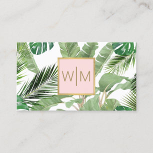 Carte De Visite Aquarelle Feuilles tropicaux Monogramme blanc/rose
