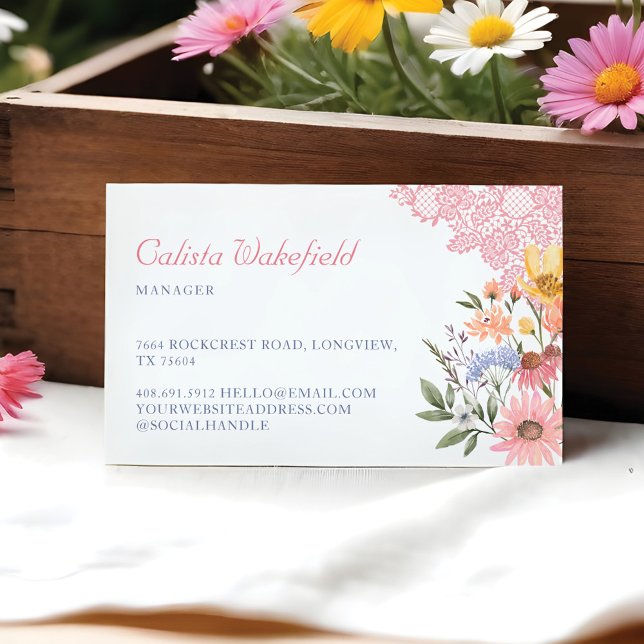 Carte De Visite Aquarelle Fleur sauvage Fleurs & Dentelle Rose Bus (Watercolor Wildflowers Flowers & Pink Lace Busine Business Card)