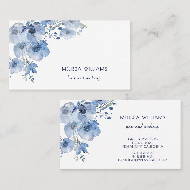 Carte De Visite Aquarelle Fleurs Bleues  (Devant / Derrière)
