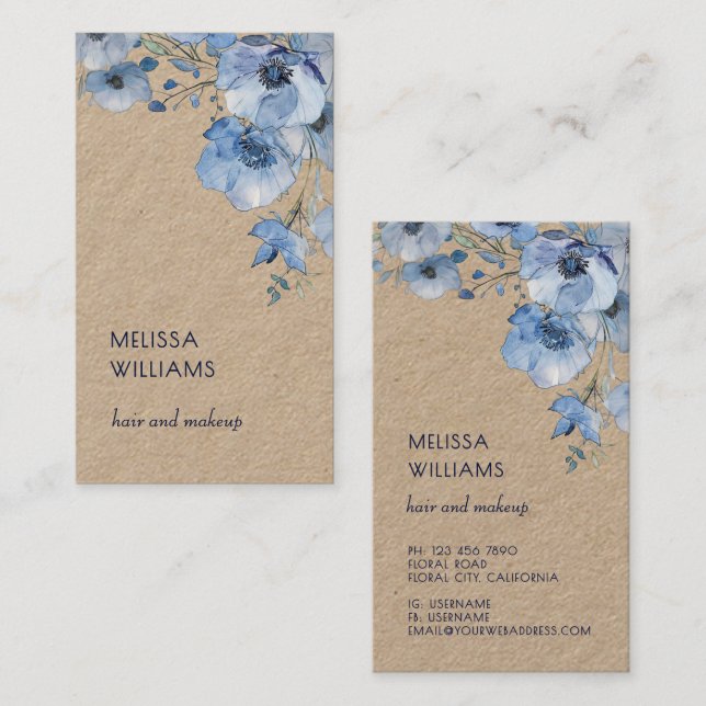 Carte De Visite Aquarelle Fleurs Bleues Rustiques (Devant / Derrière)