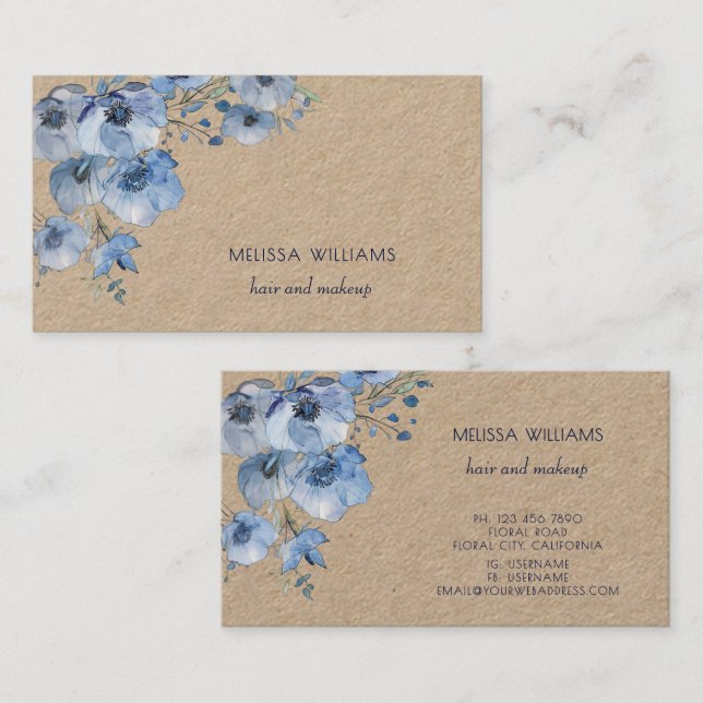 Carte De Visite Aquarelle Fleurs Bleues Rustiques (Devant / Derrière)
