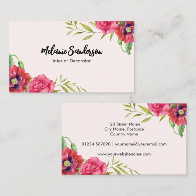Carte De Visite Aquarelle Fleurs rouges et roses sur rose clair (Devant / Derrière)