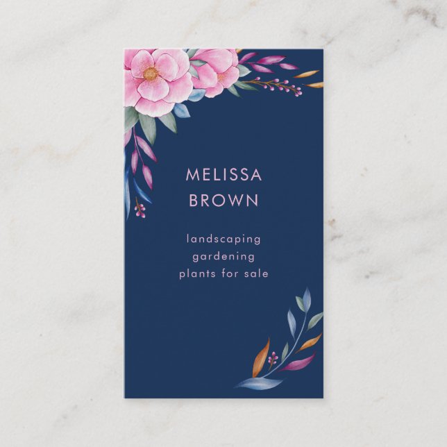 Carte De Visite Aquarelle florale bleu bleu marine rose (Devant)
