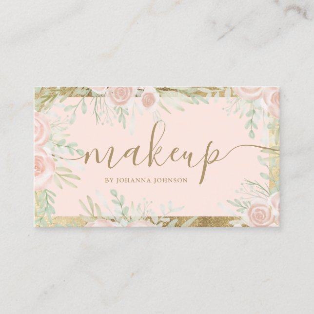 Carte De Visite Aquarelle florale floue rose cadre doré (Devant)