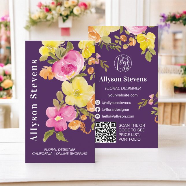 Carte De Visite Aquarelle florale moderne violet prune logo qr cod (Modern floral watercolor purple plum logo qr code business card)