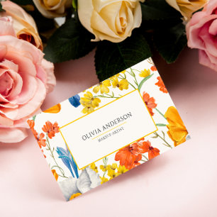 Carte De Visite Aquarelle Florale Orange Jaune Moderne Bohème