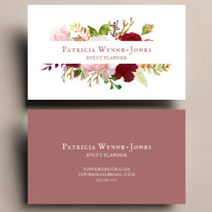 Carte De Visite Aquarelle Florale Rustique Rose et Bourgogne