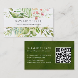 Carte De Visite Aquarelle Foliole vert floral sauvage avec code QR