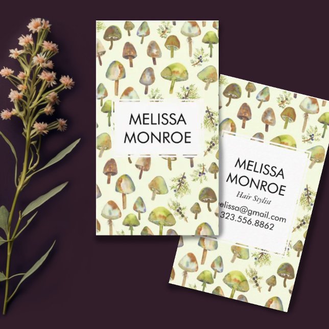Carte De Visite Aquarelle Forêt Botanique Champignons Champignons  (Watercolor mushrooms pattern on this customizable business card)