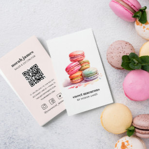Carte De Visite Aquarelle Macarons gâteau doux Icône sociale QR CO