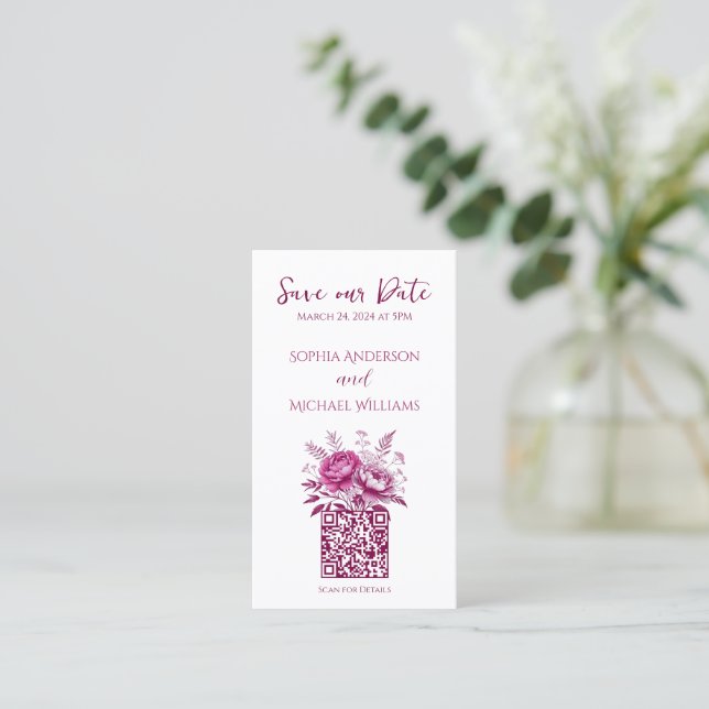 Carte De Visite Aquarelle Magenta Peony-Enregistrer le code Date-Q (Debout devant)