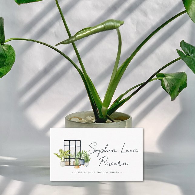 Carte De Visite Aquarelle Maison Potted Pépinière Script (Watercolor Potted Houseplants Nursery Script Business Card)