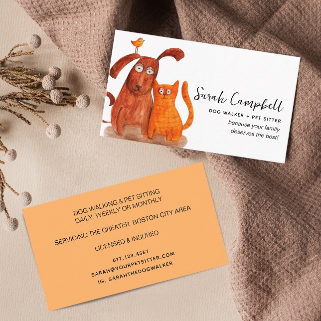 Carte De Visite Aquarelle mignonne Chien marchant Animal assis (Cute Watercolor Dog Walking Pet Sitting Business Card)