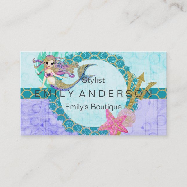 Carte De Visite Aquarelle mignonne de sirène Monogramme Turquoise  (Devant)