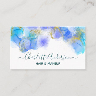Carte De Visite Aquarelle moderne bleue et dorée | Abstrait élégan