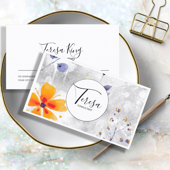 Carte De Visite Aquarelle moderne Floral Blue/Gold ID568 (Créateur téléchargé)