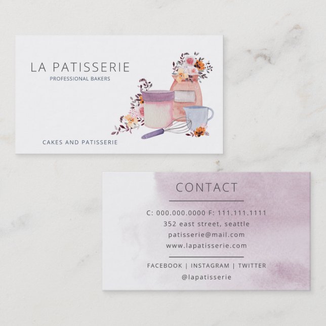 Carte De Visite Aquarelle moderne Floral boulangerie pâtisserie Ch (Devant / Derrière)