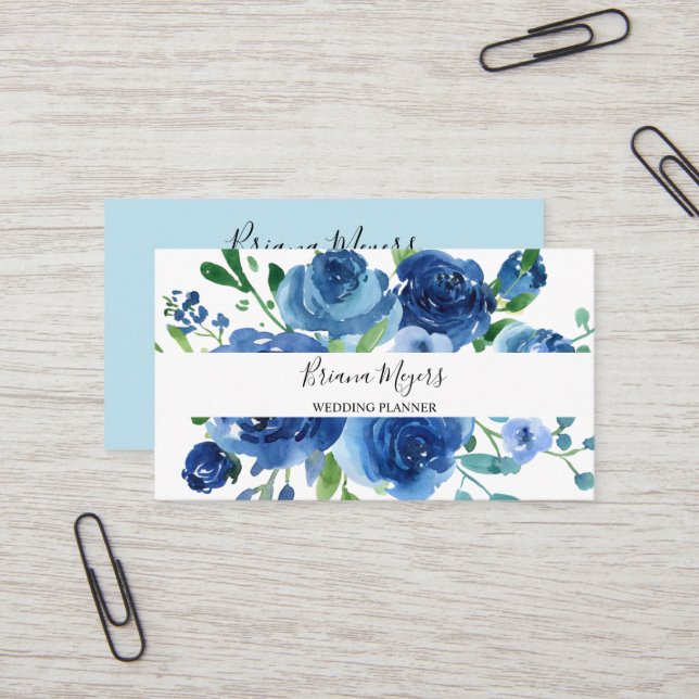 Carte De Visite Aquarelle Moderne Floral Marine Bleu Script (Devant/Arrière en situation)