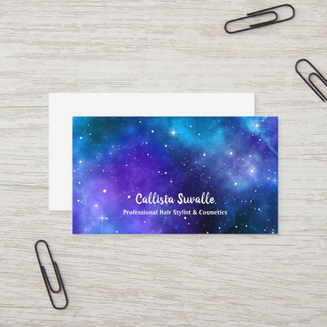 Carte De Visite Aquarelle Nebula bleu et violet Modèle de galaxie (Devant/Arrière en situation)