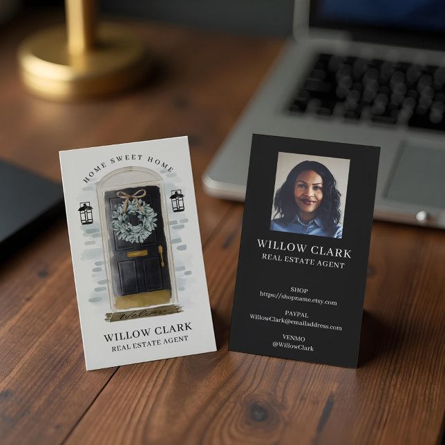 Carte De Visite Aquarelle noire devant porte Wreath Immobilier (Black Watercolor Front Door Wreath Real Estate Business Card)