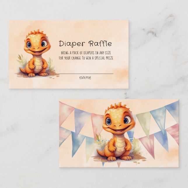 Carte De Visite Aquarelle Orange Dinosaur Drapeau Baby shower garç (Devant / Derrière)