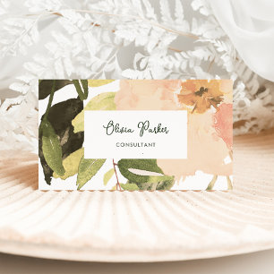 Carte De Visite Aquarelle Peach Peony Flower et Feuilles