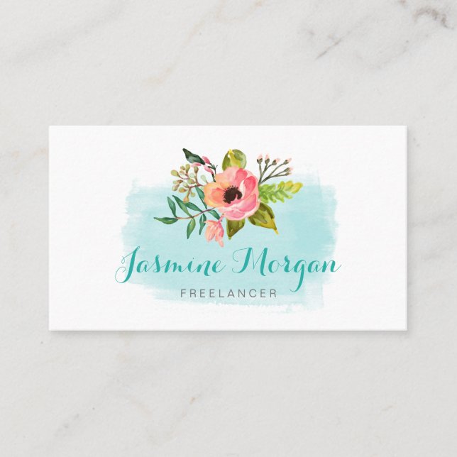 Carte De Visite Aquarelle peinte Floral Chic Turquoise Aqua Bleu (Devant)