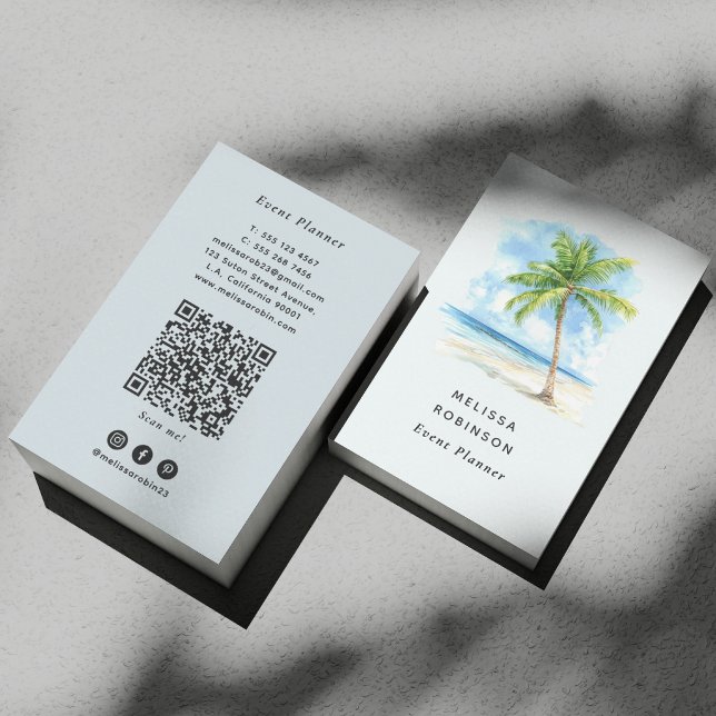 Carte De Visite Aquarelle Plage Palmier Tropical Bleu Code QR (Créateur téléchargé)