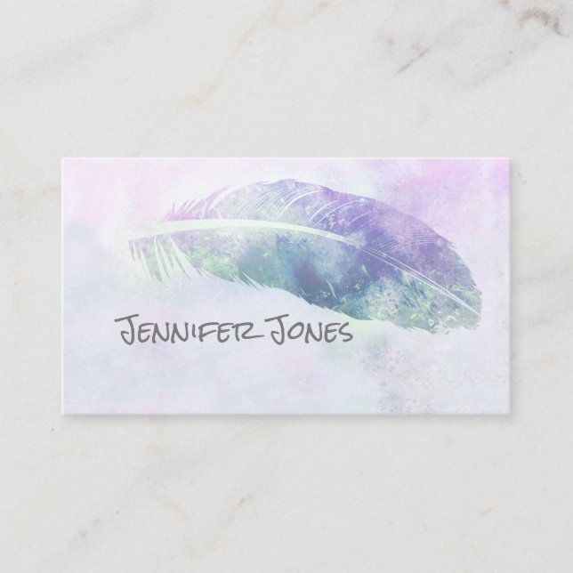 Carte De Visite aquarelle plumes art bleu personnalisation design (Devant)