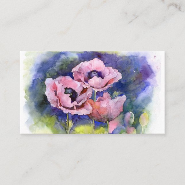 Carte De Visite Aquarelle poppy fleurs roses pavot beaut floral (Devant)