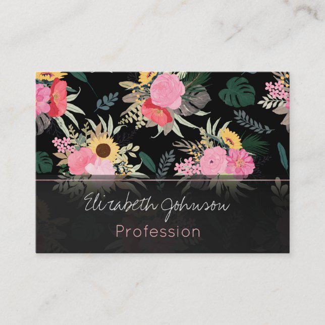 Carte De Visite Aquarelle Poppy & Tournesol Floral Noir Design (Devant)