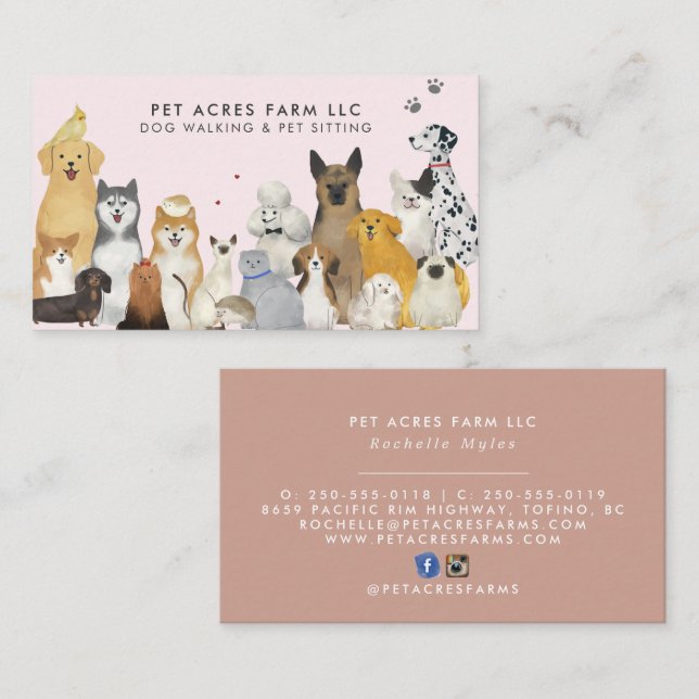 Carte de visite aquarelle pour promeneur de chien  (Devant / Derrière)