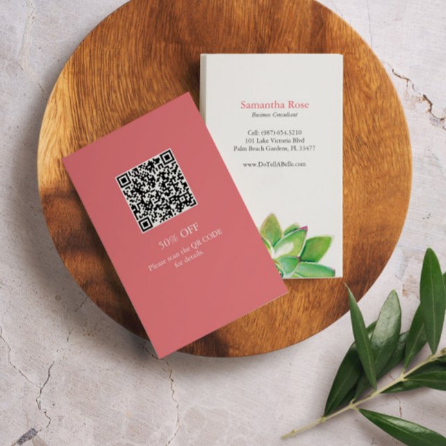 Carte De Visite Aquarelle professionnelle rose succulente (Gardening business cards with QR-code feature watercolor succulent art by Victoria Grigaliunas )