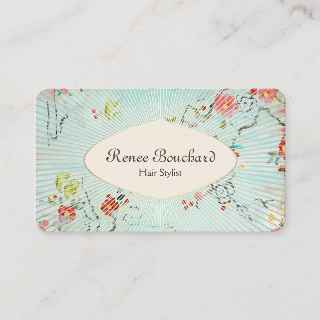 Carte De Visite Aquarelle rétro Floral Bleu Or (Devant)