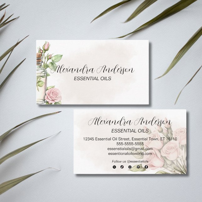 Carte De Visite Aquarelle Rose Aromathérapie Florale Huiles essent (Watercolor Rose Floral Aromatherapy Essential Oils Business Card)