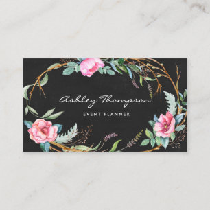 Carte De Visite Aquarelle rose Bohème Floral Wreath Chalkboard