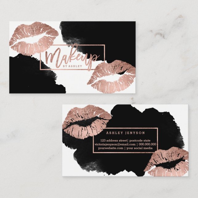 Carte De Visite Aquarelle rose de noir d'or de lèvres de (Devant / Derrière)