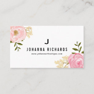 Carte De Visite Aquarelle rose doux pivoines Monogramme floral