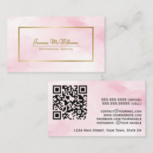 Carte De Visite Aquarelle rose et code QR professionnel or