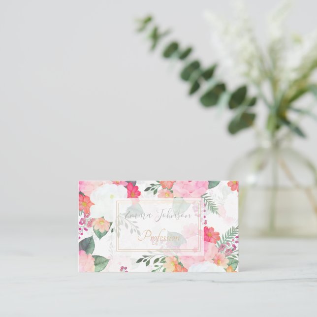 Carte De Visite Aquarelle rose Fleurs Design blanc (Debout devant)