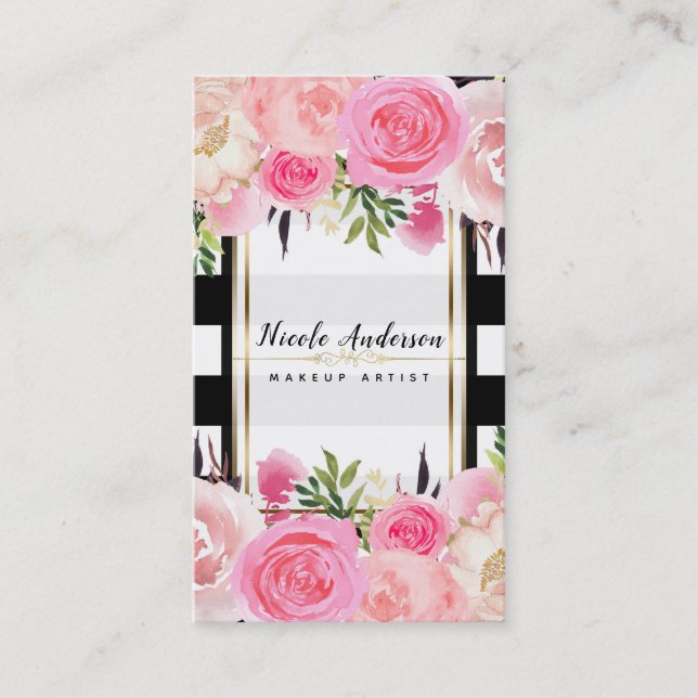 Carte De Visite Aquarelle rose Fleurs Noir Blancs Classy (Devant)
