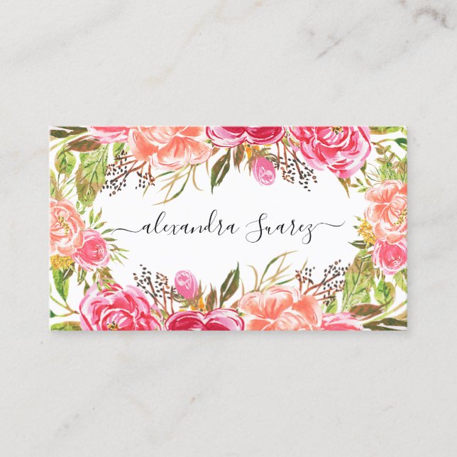 Carte De Visite Aquarelle rose Floral Élégant Black Stripes Chic (Devant)