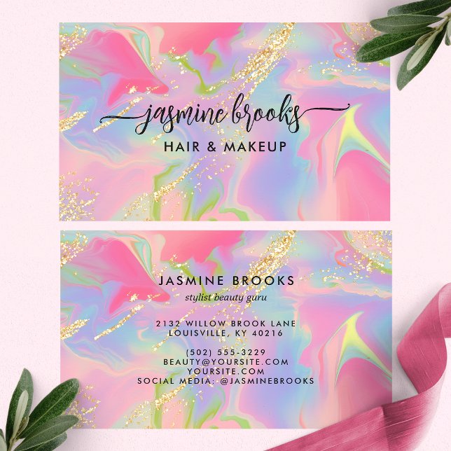 Carte De Visite Aquarelle rose Opal Parties scintillant or (Créateur téléchargé)